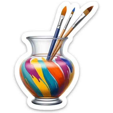 Glass painting icon, colorful brushstrokes on a glass vase, intricate painted patterns on the surface, visible fine paintbrush and palette beside it, no liquid inside the vase, minimalistic style, clean lines, transparent background. sticker