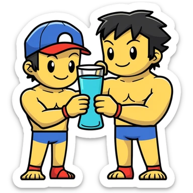Hot handsome muscular 6ft 5inch tall smiling happy fun shirtless Ash Ketchum hugging his best friend while using a glass in the shape of a traditional beaker sticker
