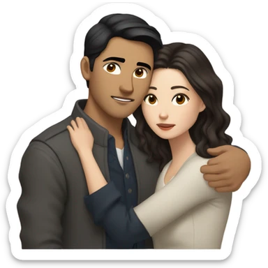 A pale half Asian man with short dark hair and amber eyes fighting a white woman with long wavy brunette hair and dark eyes. They hate each other a lot And have good fashion taste and are hugging each other tight  sticker