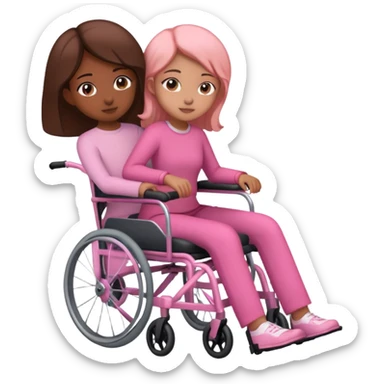 One peach skin sister pushing her brown skin sister in a pink wheelchair sticker