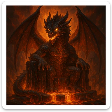 fire lord dragon, sitting on a throne of lava, glowing eyes, fantasy art, fantasy style sticker