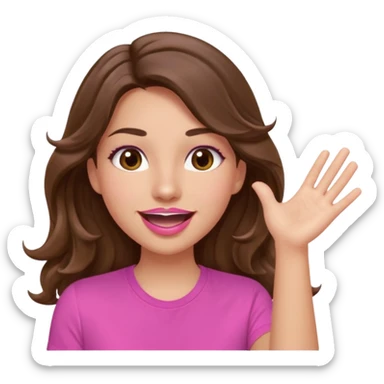girl with long wavy brown hair, brown eyes, light to medium complexion, in a pink shirt, pink lips, long lashes, puckered lips, both hands all the way upin the air cheering sticker