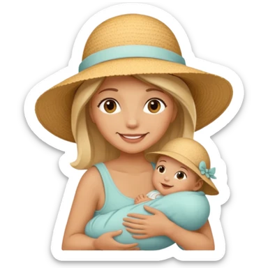 A mom in a sunhat holding her baby gently while smiling softly. sticker