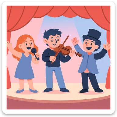 theatre stage with red curtains, pastel pink and blue lighting, gentle and whimsical, modern illustration style sticker