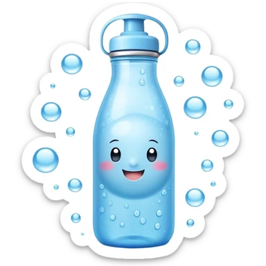 Cute Kawaii Water Bottle, round and bubbly, soft blue with tiny water droplets around, a happy smiling face, gentle glowing highlights, fresh and refreshing vibes! sticker