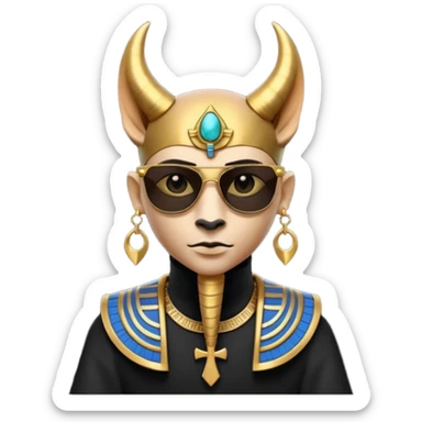 3D cartoon horned character portrait, wearing sunglasses, gothic ancient Egyptian style, pharaoh collar, dark gold and black outfit, ankh symbols, Egyptian jewelry, mysterious expression, soft dramatic lighting, centered, clean background, no text, no watermark sticker
