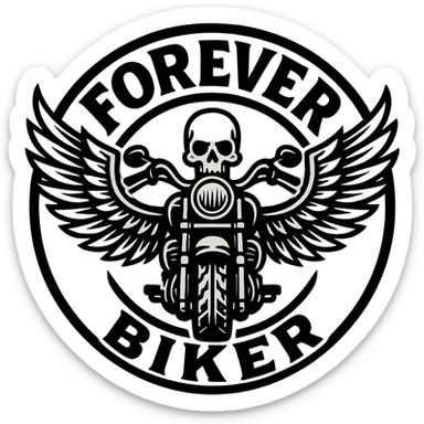 circular transparent background design for motorcycle cap, text 'FOREVER BIKER', motif: motorcycle, wing, skull, iconic style sticker