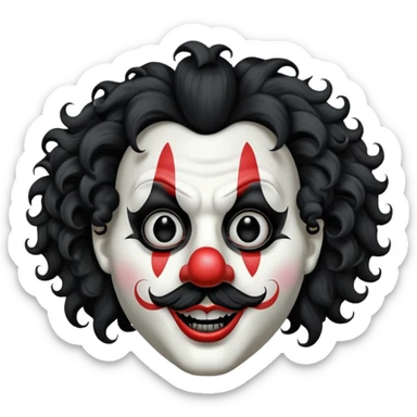 generate white clown mask emoji with a big curly black hair 

black coloured  lips and no teeth, no red nose but instead long and pointy white nose with no nostrils, pitch black eyes with no pupils, no brows sticker
