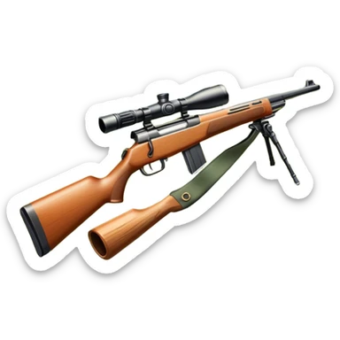 Icon for Hunting Tourism: hunting rifle, surrounded by nature elements like trees, mountains, and wildlife tracks. The icon should represent the adventure and exploration of hunting tourism. Transparent background. sticker