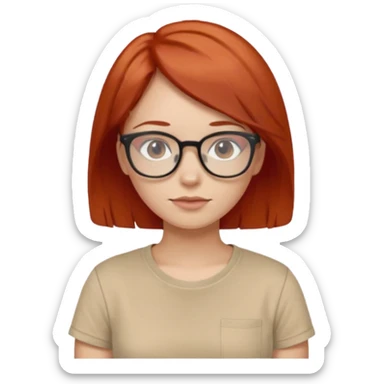 girl short-layer-red-hair wear beige T-shirt, wear glasses sticker