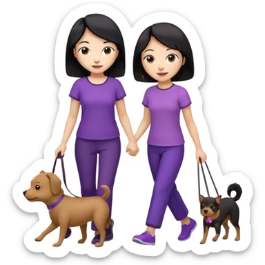 black hair Chinese woman wearing purple top and black pants walking a small brown dog sticker