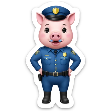 a pig, upright, in a police officer uniform, drooling and looking to the bottom left sticker