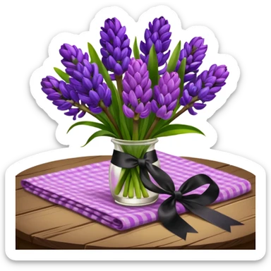A lush bouquet of bright prple color Hyacinths black satin ribbon, resting on an antique wooden table, with a pale yellow and pink plaid pattern table cloth sticker
