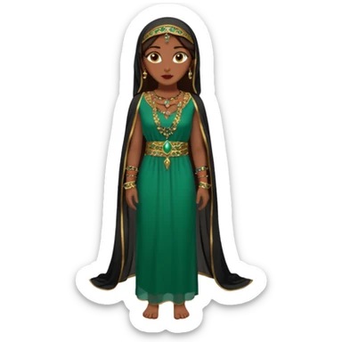 Mujer joven, morena, de gran belleza y porte misterioso.
 mirada intensa, labios marcados.
 Negro, largo, suele ir cubierto parcialmente por un velo
 Ropa de inspiración árabe: túnica colorida (rojo, dorado, verde esmeralda), con detalles dorados, brazaletes y pendientes. que se ve cuerpo entero sticker