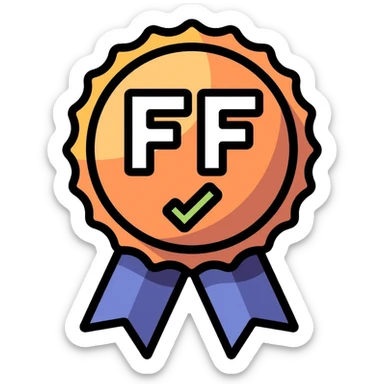 Gaming achievement badge with FF and a verification checkmark, gaming medal style, esports badge sticker