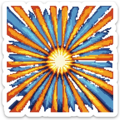 Bomberman explosion center tile animation frame 2, full size bright fiery explosion core, yellows and oranges radiating from center, peak of explosion sticker