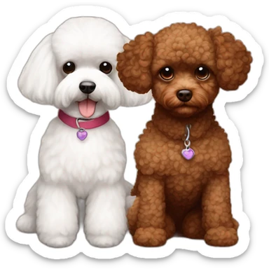 Brown toy poodle with teddy bear haircut next to an all white Maltese sticker