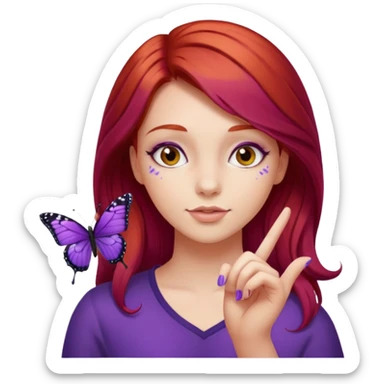 Purple butterfly resting on red haired girl finger sticker