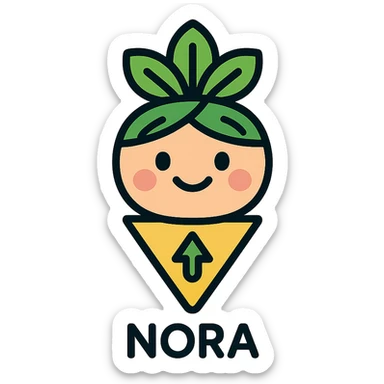 small friendly nutrition navigator character named Nora, simple icon, cheerful face, leafy green hat or accessory suggesting nutrition, compact approachable design for app icon sticker