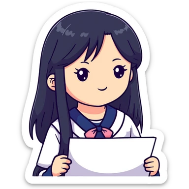 Happy Japanese schoolgirl with long black hair and blushing face sticker