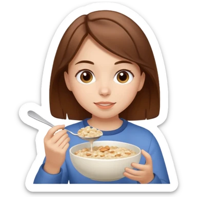 Girl eating oatmeal porridge and girl have brown hair sticker