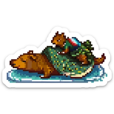 a capybara surfing on a crocodile, pixel art style sticker