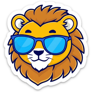 fun and whimsical cartoon lion face with full richly colored golden brown mane, wearing sleek stylish sunglasses with reflective lenses, wide charismatic smile, friendly approachable expression, simple bold vibrant design, minimal background sticker
