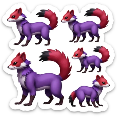 Purple, red, black Trico-Sergal-Furret-Ferret-Wolverine-Vernid-fusion-Fakemon-animal-hybrid-creature, full body sticker