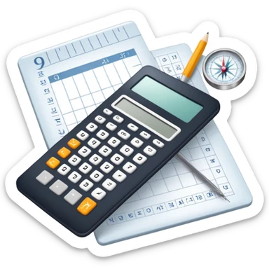 An icon featuring mathematical formulas, a calculator, and geometric shapes, symbolizing mathematics. The design includes numbers, a ruler, and a compass, representing the study of numbers, logic, and equations. Transparent background highlights the science of calculation and analysis sticker