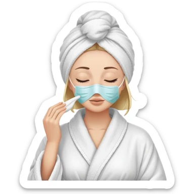 Donna con la pelle chiara visitata con accappatoio per corpo e capelli con una maschera sul volto e gli occhi chiusi sticker