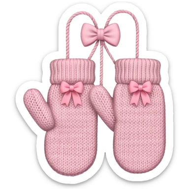 pastel pink pair of mittens connected by string and a bow sticker