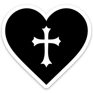 solid filled icon of a gothic heart with a silver cross, pink color sticker