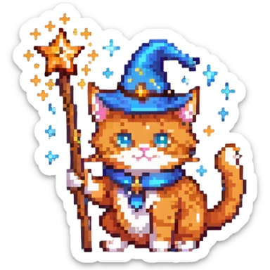 Orange cat with wizard hat and magic wand with sparkles sticker