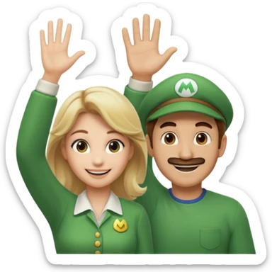 blonde female Luigi and a normal brown hair male mairo. They are friends! Maybe highfiving or just smiling sticker