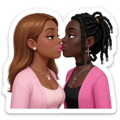 Bimbo, pearl earrings stud, Light pink cute lips, black eyebrows, long honey brown hair, dark brown skin, playboy necklace with lashes, light pink cardigan shirt, kissing the goth black girl with pink cardigan shirt, with brown skin, cross earrings, ankh necklace with black dreadlocks sticker