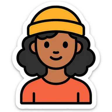 woman with dark curly hair and a beanie sticker