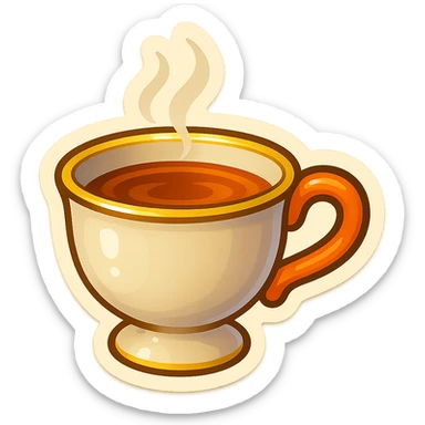 Hermès-style cup of tea, minimal design, Hermès orange handle, gold rim, cute emoji style, different lighting, on white or transparent background sticker