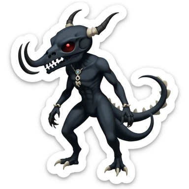 Shiny Dark Edgy  Duskull-Salandit-Inteleon-Fakémon-hybrid-creature (full body) with a horned animal-skull-mask sticker