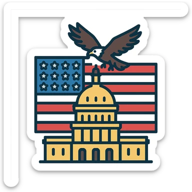 the US Capitol building with the US flag behind it and an eagle soaring above, clean icon style sticker