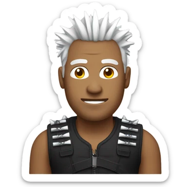 man black outfit white spiky hair holding an crash sticker