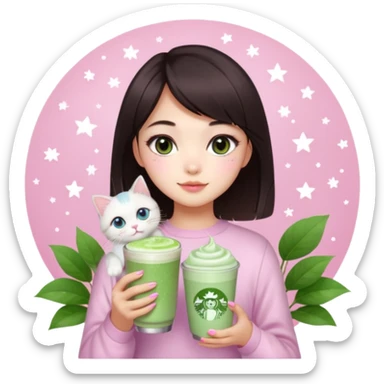 asian girl with short dark brown hair with a soft girl pink glowup aesthetic. matcha latte sparkles girly things, 2 ragdoll cats, skincare, makeup, money, luxury, add makeup and sparkles sticker