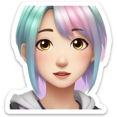 Gorgeous anime style tomboy with blushing face aesthetic and pretty colorful shiny gradient pastel hair trending style sticker