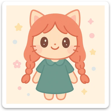 catgirl with long red hair in two braids, dark green dress, anime style, cheerful expression sticker