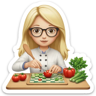 je voudrai un emoji d'une fille aux cheveux longs et blonds avec des lunettes entrain de découper, une entrain de faire un jeu de société, une qui cuisine, sticker