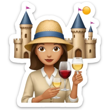 Lady on holiday in front of a castle with a glass of wind sticker
