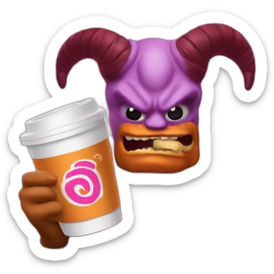 a demon holding a dunkin donuts coffee cup sticker