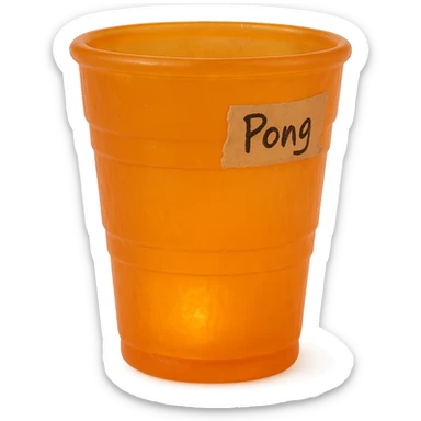 hyper-realistic, highly detailed clear-transparent orange solo plastic cup with soft, flat plastic texture reminiscent of a 90's toy, soft reflections, slightly squishy and cloudy appearance, not shiny, clear orange body glowing slightly, high-quality retro gummy look, piece of tape on the side with 'Pong' written in sharp, messy handwriting, hyper-realistic, retro, visually stunning, no background sticker