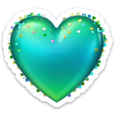 emoji: teal and neon green gradient heart with celebration confetti from behind. sticker