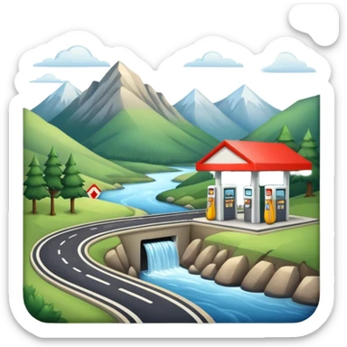 a road in a mountain with a river and a gas station sticker