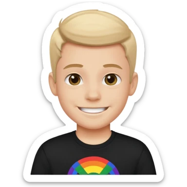 smiling boy in black shirt in a pride month shirt sticker